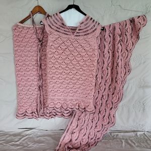 3 pieces Hand Knitted outfit, Pink, Size S-M, by Hand Knitted. Vintage 80'